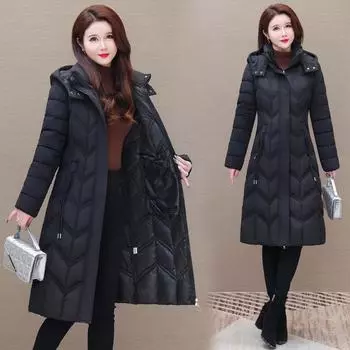 Большие размеры, средняя и длинная одежда с ватой на пуху для мам среднего возраста, утолщенная свободная одежда с ватой на хлопке в иностранном стиле XL чёрный
