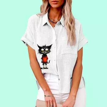 Большие размеры Свободная льняная блузка женская модная кошачья принтованная женская повседневная футболка с коротким рукавом на пуговицах S белый