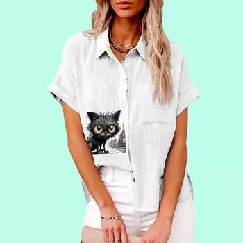 Большие размеры Свободная льняная блузка женская модная кошачья принтованная женская повседневная футболка с коротким рукавом на пуговицах S белый