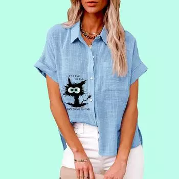 Большие размеры Свободная льняная блузка женская модная кошачья принтованная женская повседневная футболка с короткими рукавами на пуговицах S белый