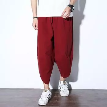 Большие размеры Свободные льняные повседневные брюки Весна и Лето Мужская мода Широкие брюки M серый