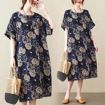 Большие размеры, свободные, утягивающие, хлопковые, льняные, для полных девушек, художественное ретро-платье с короткими рукавами, средней длины, повседневные платья M тёмно-синий
