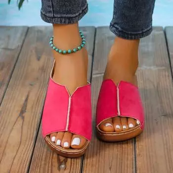 Большие размеры танкетки женские туфли летние новые сандалии круглые женские толстые подошвы простые нескользящие тапочки 36 цветной печати леопарда