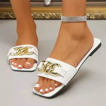 Большие размеры тапочек на плоской подошве, женская летняя новая верхняя одежда 2024 года, сандалии с открытым носком и однотонной цепочкой 35 армия зеленый