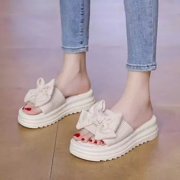 Большие размеры тапочек женские летние Ins Tide Bow Толстая подошва Muffin A Word Drag пляжные сандалии женские модные женские летние дышащие туфли 34