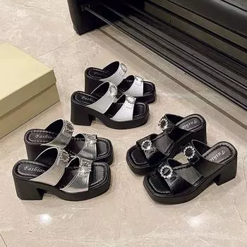 Большие размеры тапочек женские летние толстые туфли на высоком каблуке One Word Shoes для улицы сандалии с квадратным носком тапочки женские модные женские дышащие туфли 35