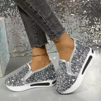 Большие размеры темпераментные повседневные туфли с пайетками женские летние 2024 новые дышащие и легкие модные женские туфли 35 чёрный