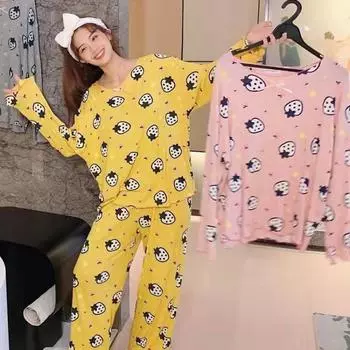 Большие размеры, теплая одежда для сна на зиму, напечатанный узор клубники, домашняя одежда для девочек, женские брюки с длинными рукавами, ночная одежда, одежда для отдыха M розовый