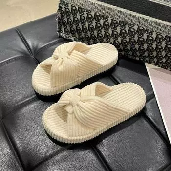 Большие размеры, толстая подошва, крест, плоская подошва, одно слово, тапочки для девочек, бабочки, домашняя обувь, мягкая подошва, удобные хлопковые тапочки, холодные, липкие 35