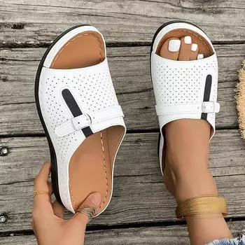 Большие размеры, толстая подошва, полые тапочки для лета, новая машинная строчка «рыбий рот», покатый каблук, пряжка на ремне, пляжные сандалии 36 жёлтый