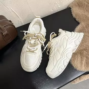 Большие размеры, толстая подошва, увеличивающая рост, папины туфли, женская весенняя новая студенческая спортивная обувь, универсальные кроссовки 35 бежевый