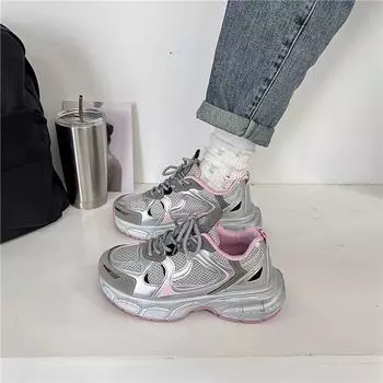 Большие размеры толстой подошвы, увеличивающие рост, женские туфли-папы 2024 года, новые серебристые универсальные дышащие повседневные и легкие спортивные туфли в стиле ретро 36 розовый