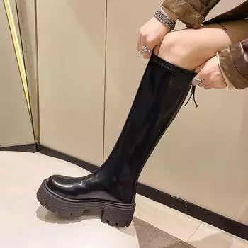 Большие размеры тонкие эластичные сапоги для женщин зимняя новинка бисквитные сапоги на толстой подошве выше колена высокие рыцарские сапоги 35