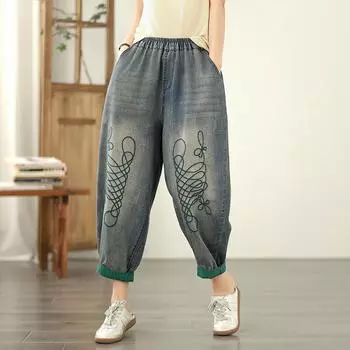 Большие размеры Тонкие Винтажные вышитые высокие талии Повседневные свободные Женские летние джинсы джинсовые брюки-шаровары M