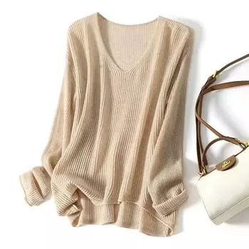 Свитер для женщин, теплый вязаный свитер-скелет, джемпер с длинным рукавом, свободный эластичный свитер с V-образным вырезом, топы M