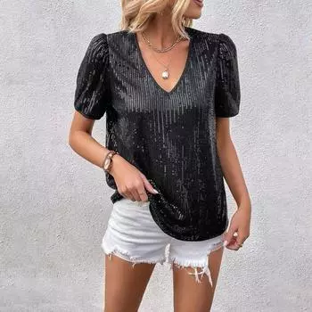 Большие размеры топы с пайетками для женщин свободные рубашки-туники с V-образным вырезом и коротким рукавом нарядные деловые повседневные блузки для вечеринок L чёрный
