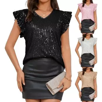 Большие размеры топы с пайетками для женщин свободные рубашки-туники без рукавов с V-образным вырезом нарядные деловые повседневные блузки для вечеринок L чёрный