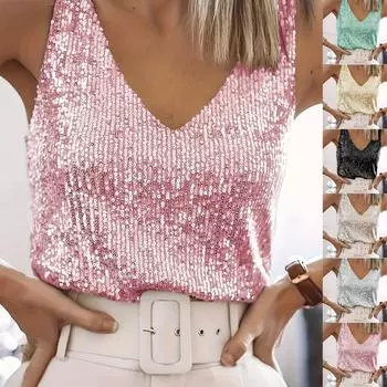 Большие размеры топы с пайетками для женщин свободные рубашки-туники без рукавов нарядные деловые повседневные блузки для вечеринок XL золотой