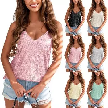 Большие размеры топы с пайетками для женщин свободные рубашки-туники без рукавов нарядные деловые повседневные блузки для вечеринок L бежевый