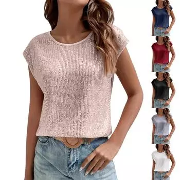 Большие размеры топы с пайетками для женщин свободные рубашки с круглым вырезом без рукавов туники нарядные деловые повседневные блузки для вечеринок L чёрный