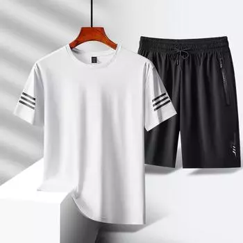 Большие размеры, уличная быстросохнущая одежда для льда, мужская летняя дышащая одежда с короткими рукавами и круглым вырезом для спорта, бега, фитнеса, комплект из двух предметов L