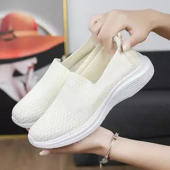 Большие размеры Весна и осень Летающие тканые мокасины, Чехол для ног, Низкий верх, Неглубокий носок, Спортивные развлечения, Одна педаль, Одиночные туфли, Женская обувь 35 белый
