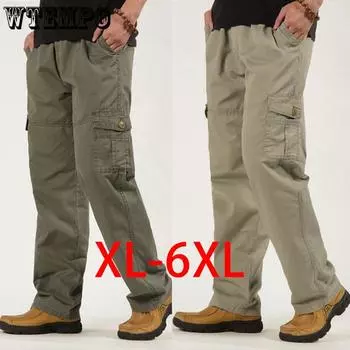 Большие размеры Весна Лето Мужская мода Прямые брюки Мужской тренд Однотонные многокарманные брюки-карго Мужские повседневные свободные брюки больших размеров XL армия зеленый