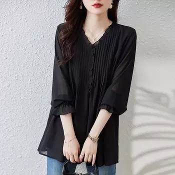 Большие размеры Весна Новые шифоновые узкие блузки женские мягкие рубашки с V-образным вырезом тонкие длинные рукава однотонные черные топы большого размера M чёрный