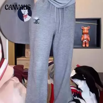 Большие размеры Высокая талия Повседневные полосатые широкие брюки женские свободные брюки в стиле сто ленивых с вышивкой L