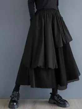 Большие размеры Высокая талия винтаж Весна осень повседневная свободная длинная для женщин юбки женская юбка чёрный
