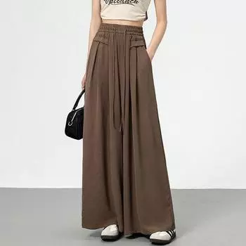 Большие размеры в любое время года, широкие брюки с эластичным ремешком, женские брюки с высокой талией, шифоновые свободные модные женские повседневные брюки больших размеров 2XL чёрный
