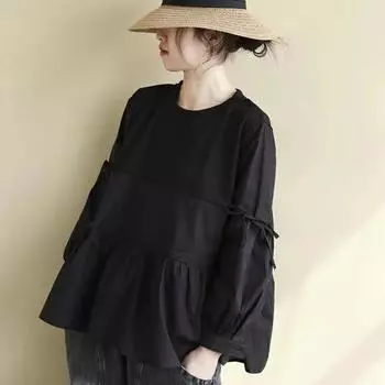 Большие размеры, весенне-осенние женские литературные свободные однотонные кукольные рубашки с круглым вырезом и длинными рукавами, топы M чёрный