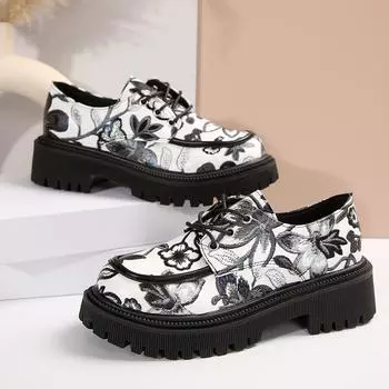 Большие размеры, весна 2025, новые женские туфли с круглым носком и толстой подошвой, с принтом в этническом стиле, простые, со шнуровкой 35