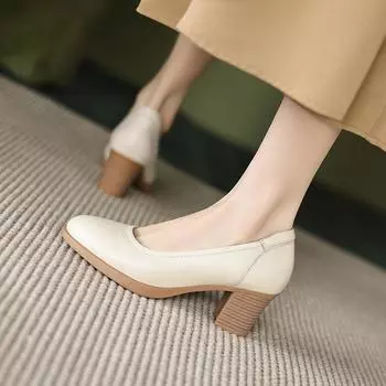 Большие размеры, весна 2025, новые женские туфли на высоком толстом каблуке для поездок на работу, легкие, молочно-белые, из мягкой коровьей кожи, удобные женские туфли 34