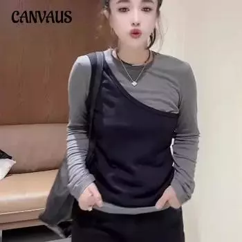 Большие размеры весна и осень косые плечи длинный рукав женская блузка тонкие топы прилив L серый