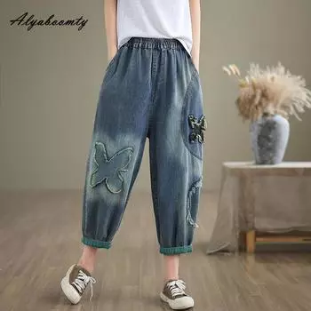 Большие размеры весна-лето женские джинсы-шаровары с эластичной резинкой на талии повседневные свободные джинсовые капри с кисточками винтажные элегантные мешковатые женские джинсы M