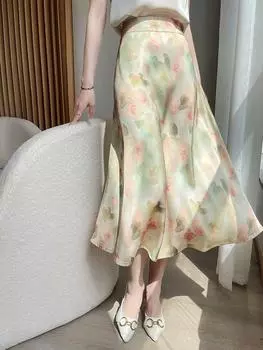 Большие размеры, винтажная летняя повседневная свободная длинная женская юбка с высокой талией и цветочным принтом M