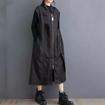 Большие размеры винтажные жилеты куртки для женщин повседневные свободные длинные весна осень куртка пальто верхняя одежда чёрный