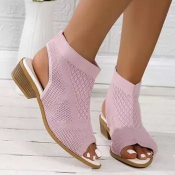 Большие размеры вязаные женские босоножки на толстом каблуке однотонные летние туфли без застежек на среднем каблуке с открытым носком сандалии женские 36 розовый
