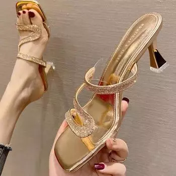Большие размеры, высокие каблуки, классные женские тапочки, лето 2024, новые, тонкий каблук, квадратная головка, модная одежда, женские тапочки со стразами 35