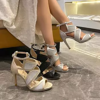 Большие размеры высокие каблуки женские летние новые модные туфли на шпильках с ремешками в стиле феи соответствующие цвета заостренные босоножки с ремешком 36 чёрный