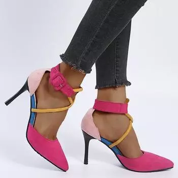 Большие размеры высокие каблуки женские летние 2024 новые модные ремни-шпильки стиль феи цветные сандалии с заостренным носком и ремешком слова женские 35 чёрный