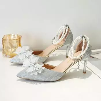 Большие размеры высокие каблуки женские летние новые остроносые шпильки бант полые кристаллы свадебные туфли 34