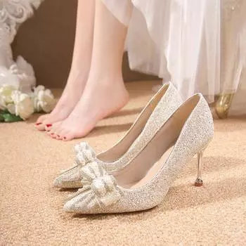 Большие размеры, высокие каблуки, женские тонкие каблуки, острый нос, неглубокий нос, свадебные туфли, сексуальный темперамент, банкетные туфли 34
