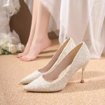Большие размеры, высокие каблуки, женские тонкие каблуки, острый нос, неглубокий нос, свадебные туфли, сексуальный темперамент, банкетные туфли 35