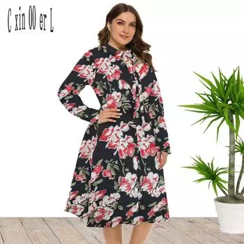 Большие размеры Xl-5xl, новое модное летнее осеннее европейско-американское большое женское платье, круглые кружевные трикотажные свободные платья XL