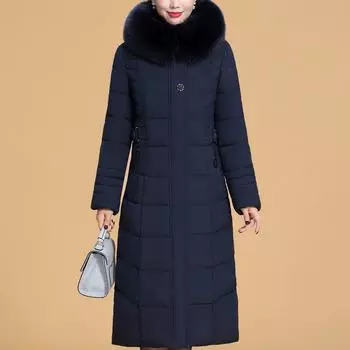 Большие размеры XL-6XL для женщин среднего возраста, длинные парки, зимние толстые теплые пальто с капюшоном, элегантные свободные женские куртки с воротником из искусственного меха 2XL чёрный