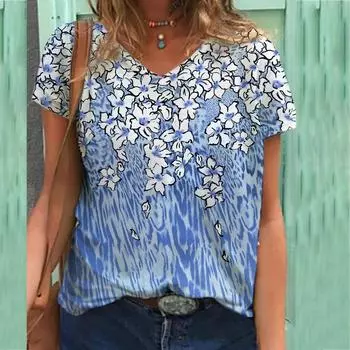 Большие размеры XL-7XL Футболка с принтом Женская футболка с короткими рукавами и V-образным вырезом с принтом 6XL