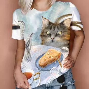 Большие размеры XL-7XL Футболки с цифровым 3D-принтом серии Animal, мужские и женские футболки с короткими рукавами, топ с круглым вырезом и милым котом 7XL