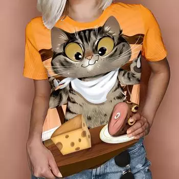 Большие размеры XL-7XL Футболки с цифровым 3D-принтом серии Animal, мужские и женские футболки с короткими рукавами, топ с круглым вырезом и милым котом 7XL